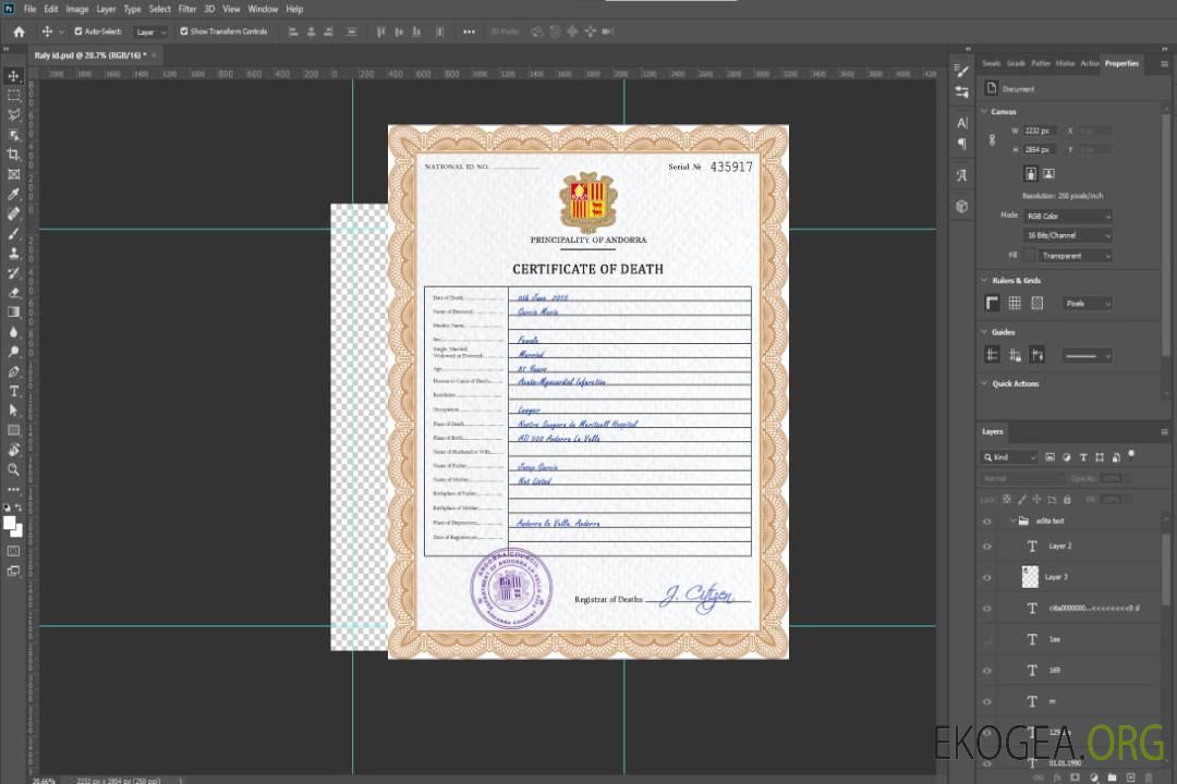 Modèle PSD de certificat de décès d'Andorre template